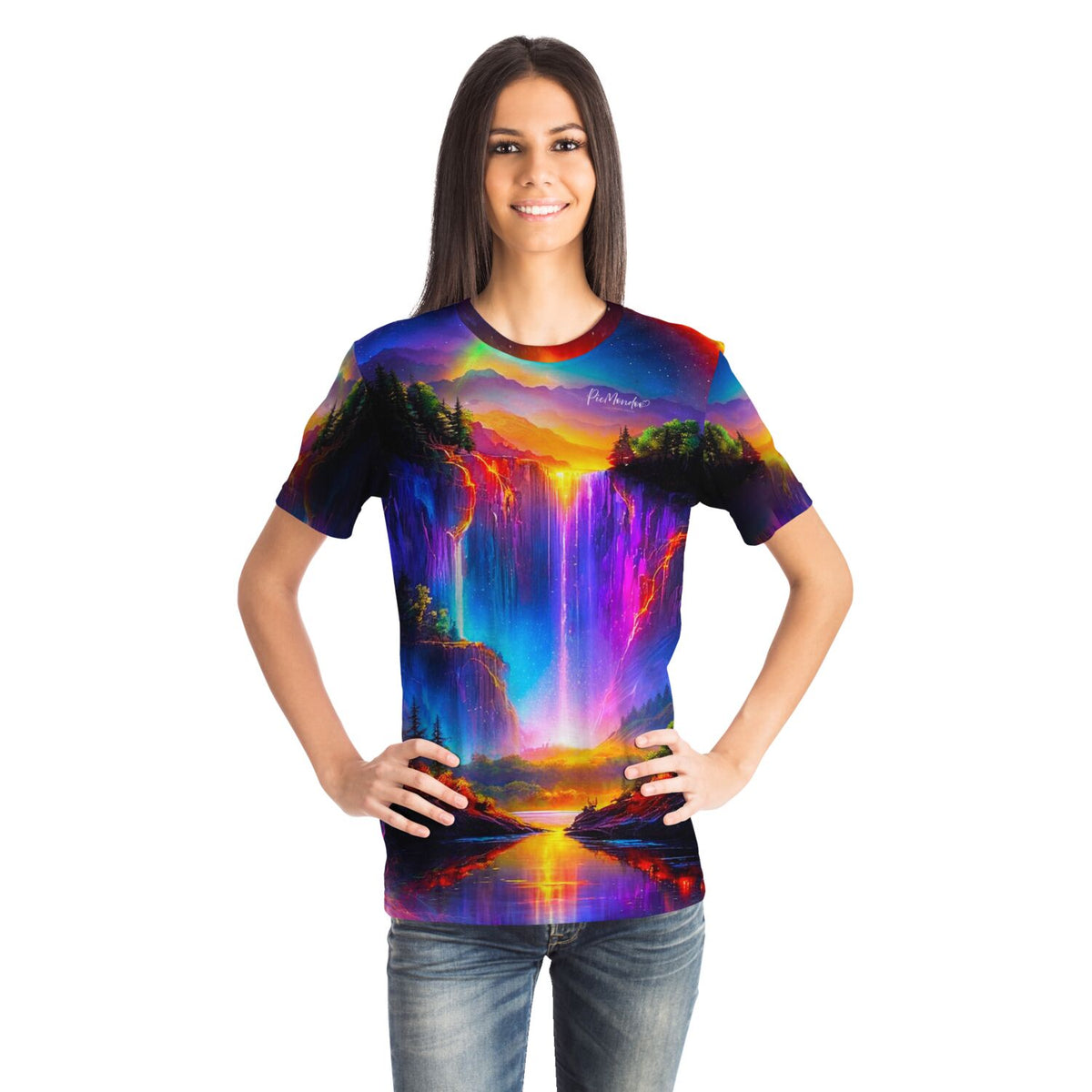 Frau trägt ein T-Shirt mit leuchtendem Wasserfall-Motiv im Stil von Diamond Painting und Malen nach Zahlen Designs