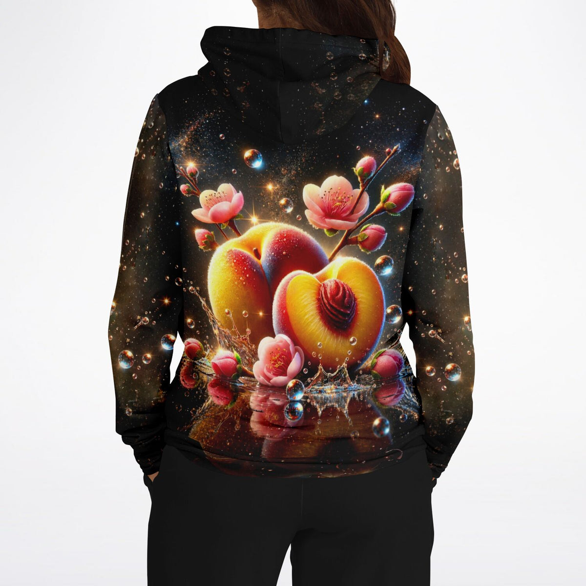 Schwarzer All-Over-Print Hoodie mit Pfirsich-Motiv und Blüten, inspiriert von kunstvollen Diamond Painting Designs.