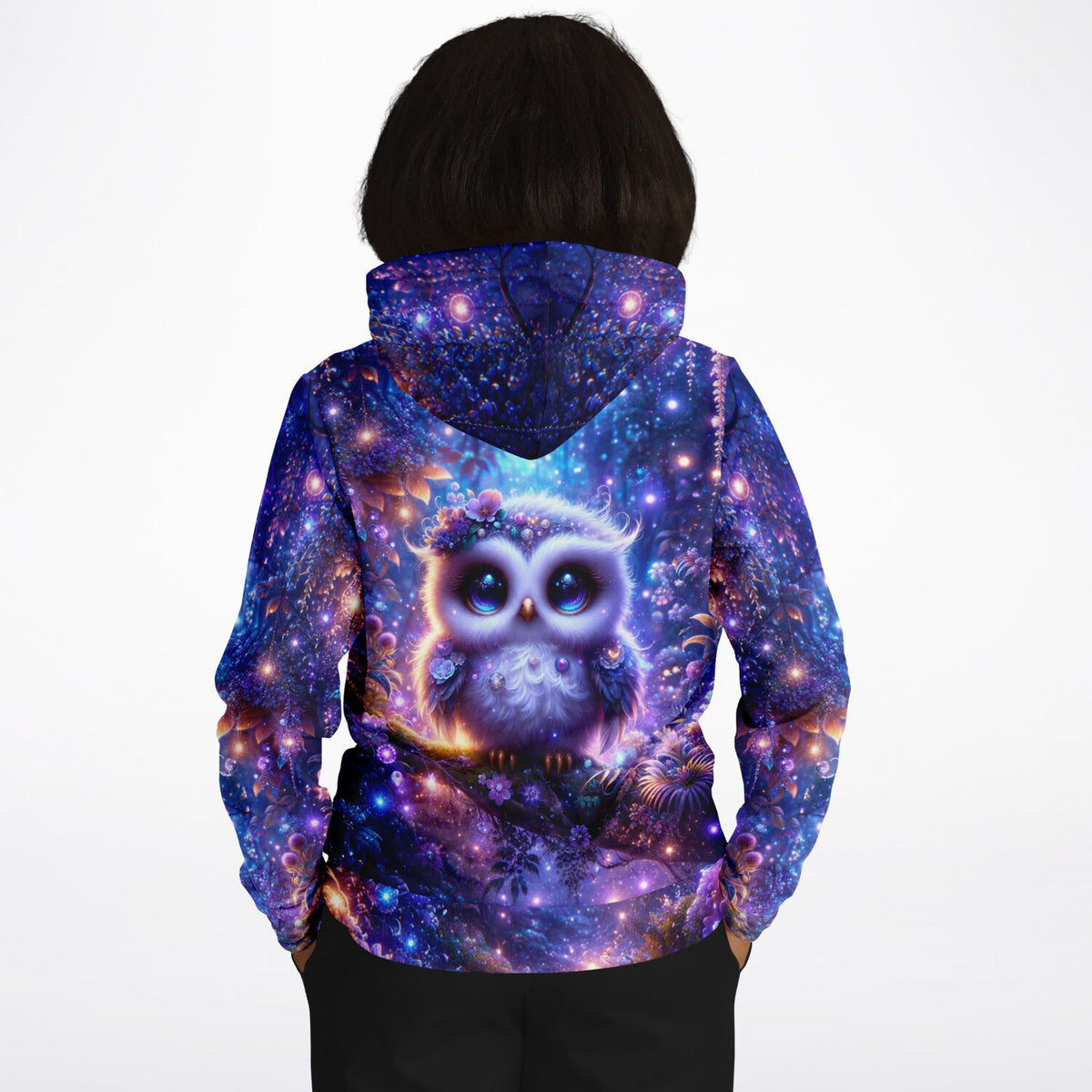 Dreamer Hoodie mit niedlichem Eulen-Design im galaktischen Stil, inspiriert von Diamond Painting und Malen nach Zahlen