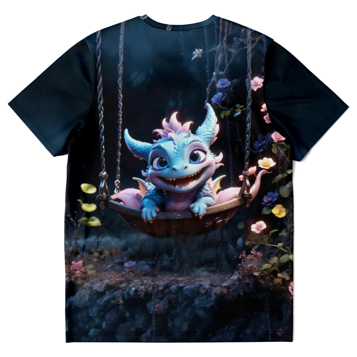 Blaues T-Shirt mit niedlichem Drachen auf einer Schaukel, perfekt für Fans von Diamond Painting und Malen nach Zahlen