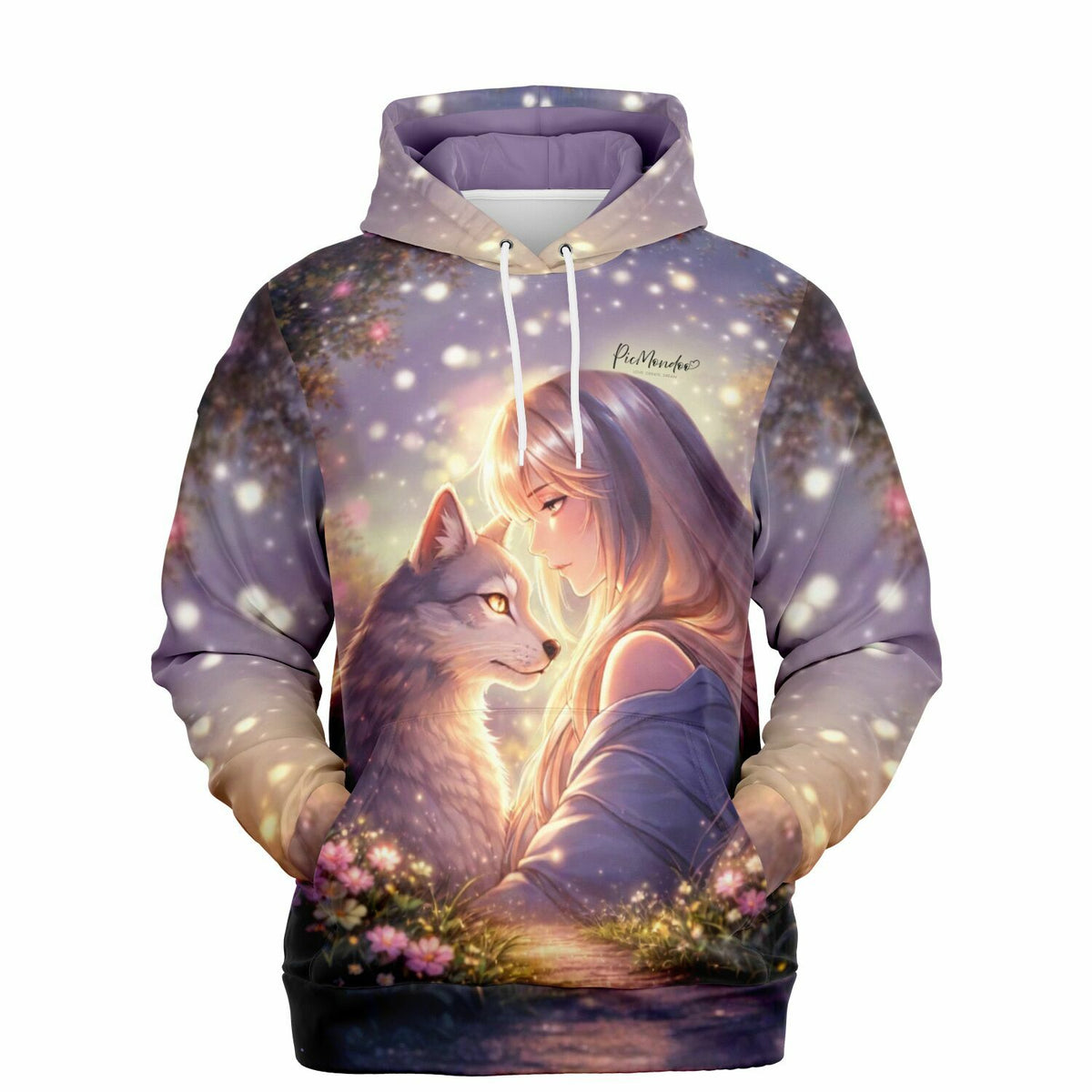 Dreamer Hoodie Bedingungsloses Vertrauen mit Anime-Motiv von Mädchen und Wolf, inspiriert von Diamond Painting Kunstwerken