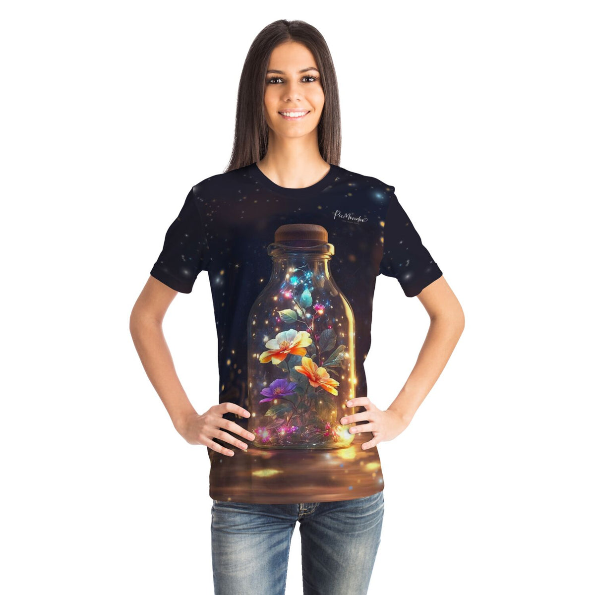 Frau trägt Dreamer T-Shirt mit leuchtendem Blütenzauber-Motiv, inspiriert von Diamond Painting Kunstwerken.