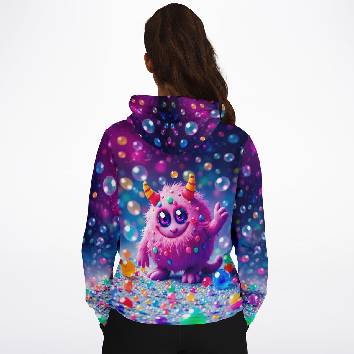 Hoodie mit süßem flauschigem Phantasiewesen und buntem Blasen-Design im Stil eines Diamond Painting Motivs
