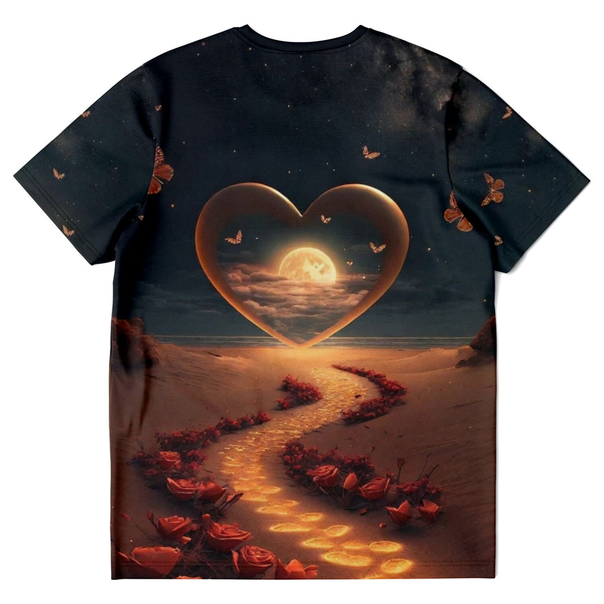 Dreamer T-Shirt mit Herz-Motiv, Vollmond über dem Ozean und Pfad aus roten Rosen, stilvoll wie ein Diamond Painting