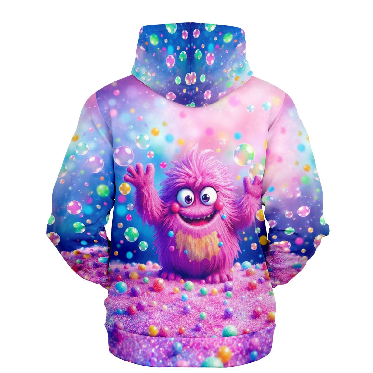 Dreamer Hoodie mit buntem Eckbert-Monster Motiv, schimmernden Seifenblasen und leuchtendem AOP-Design auf weichem Stoff