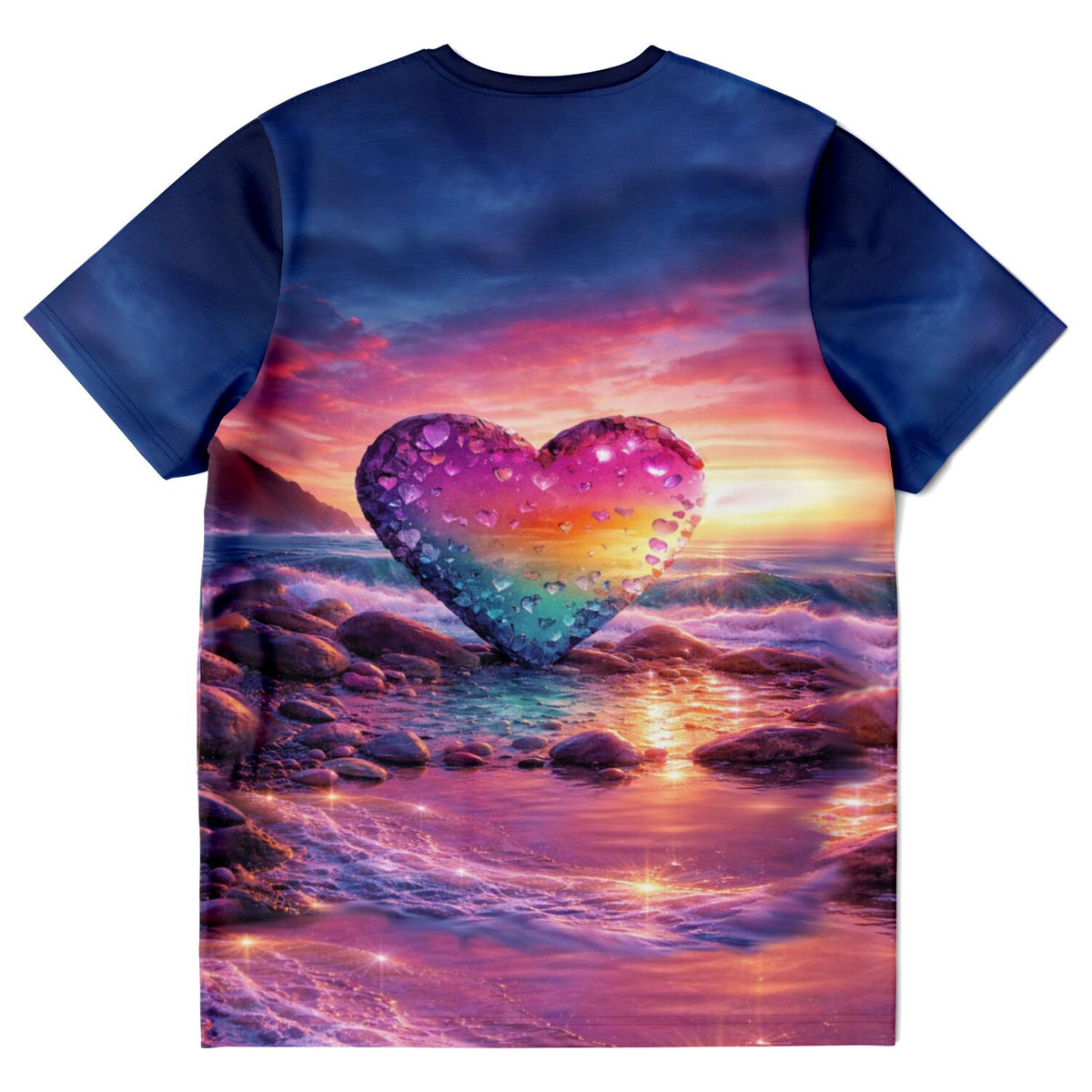 T-Shirt mit Diamond Painting Herz-Motiv, funkelnde Steine am Strand bei Sonnenuntergang für Bastelfans