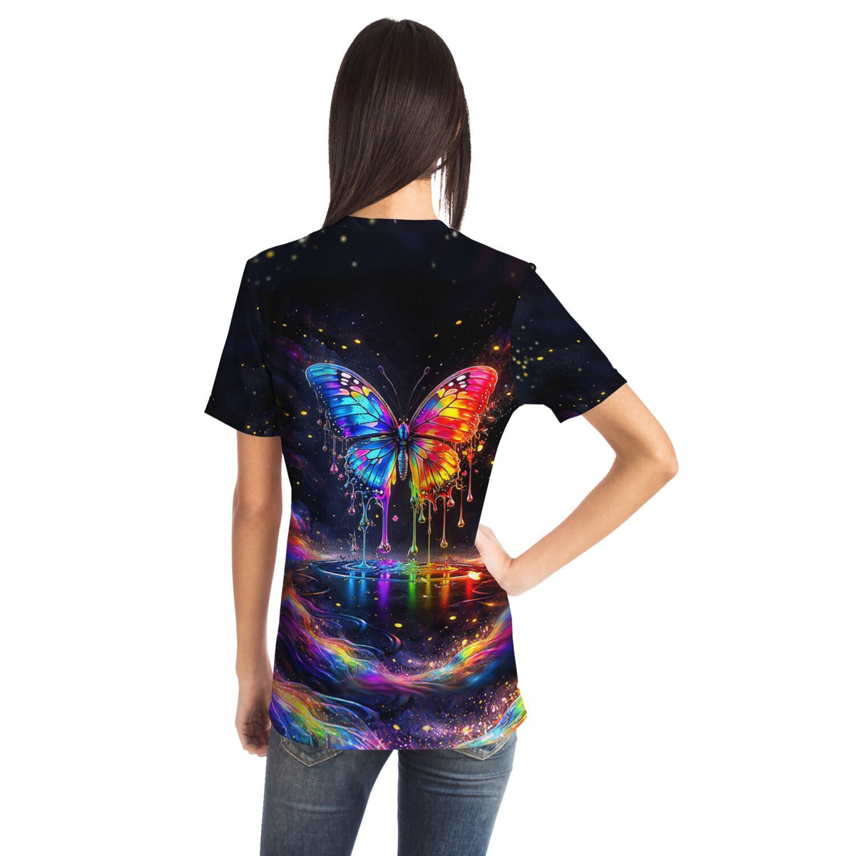 T-Shirt mit buntem Schmetterling-Motiv im Wassertropfen-Stil für Fans von Diamond Painting und Malen nach Zahlen