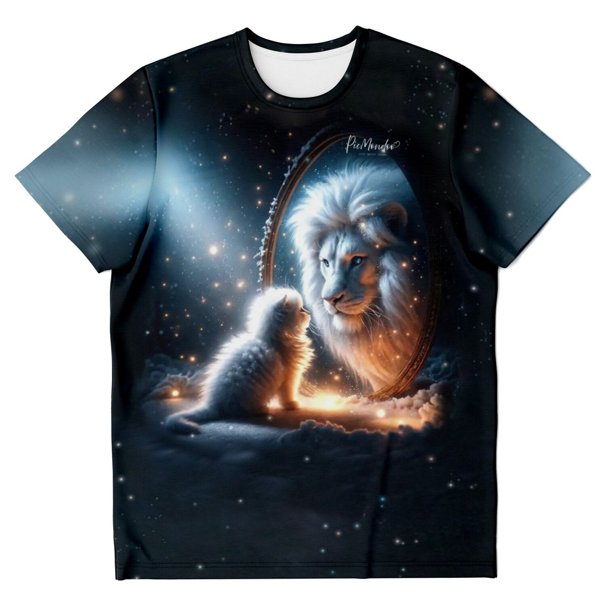 T-Shirt mit Löwen-Motiv: Ein kleines Kätzchen betrachtet sein stolzes Spiegelbild als Löwe in stilvollem Design