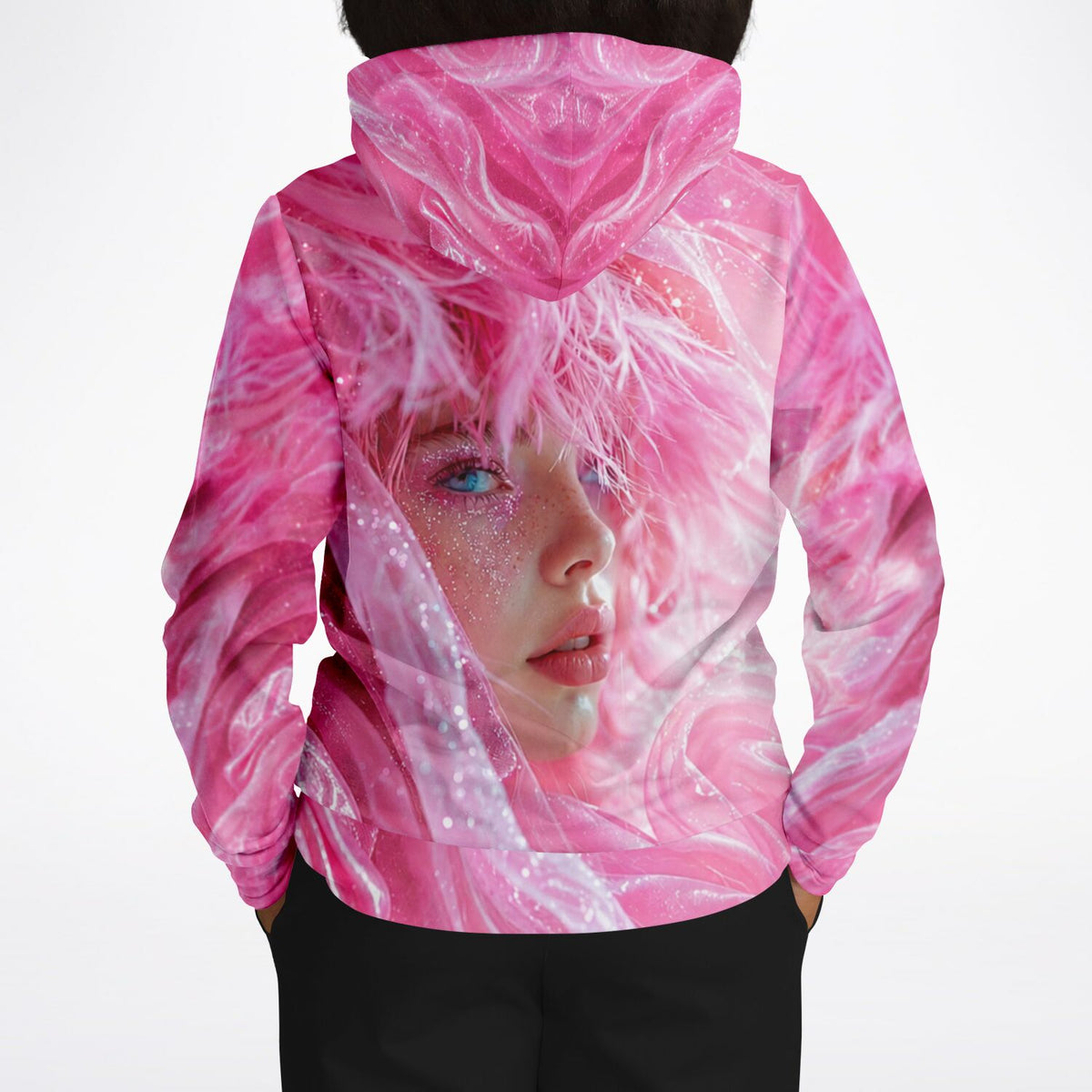Pinker Dreamer Hoodie mit abstraktem, künstlerischem Frauenporträt im Stil von Diamond Painting Design.