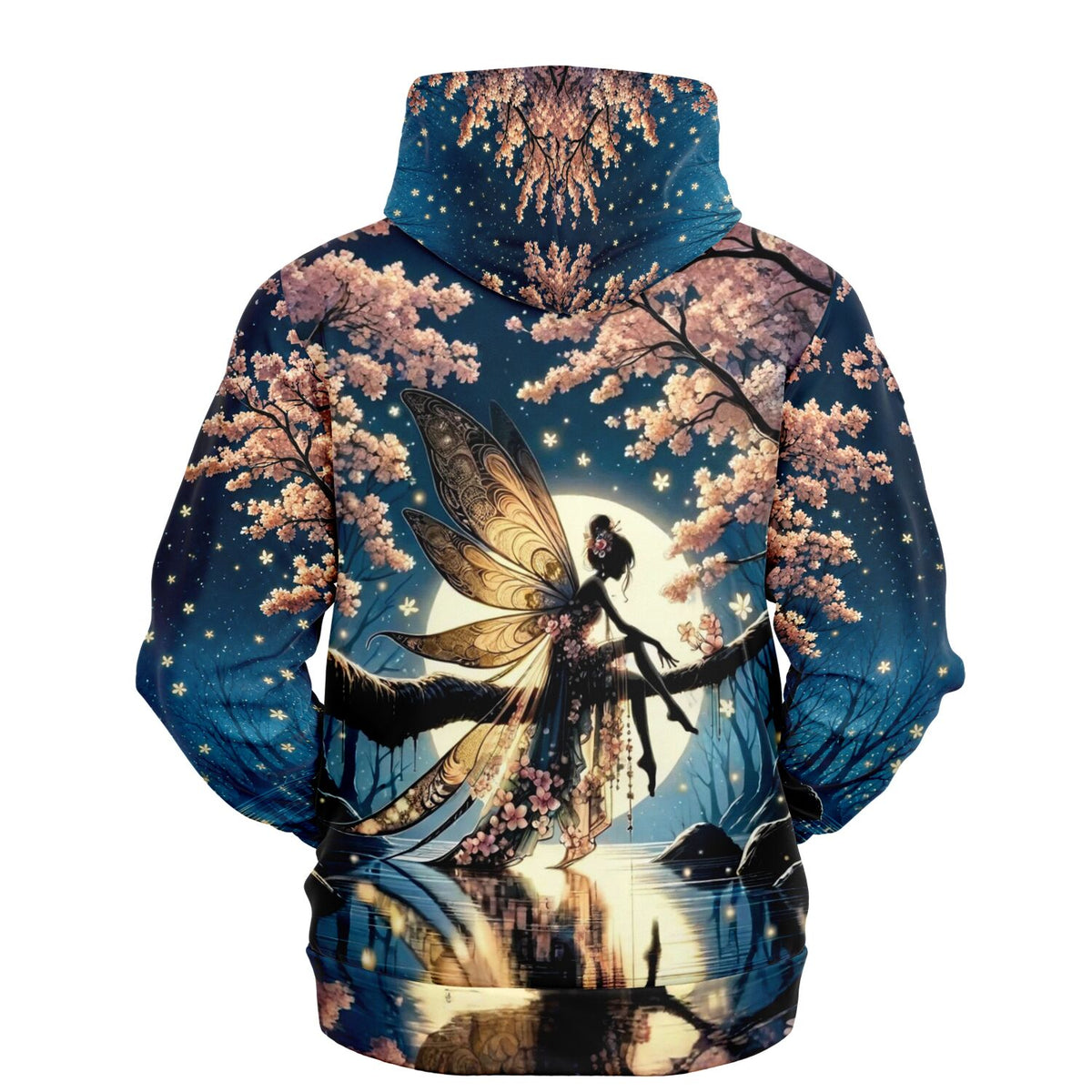 Dreamer Hoodie mit Mondscheinfee Motiv, blauem Nachthimmel, Vollmond, Blütenbäumen und detailreichem Fantasy-Druck