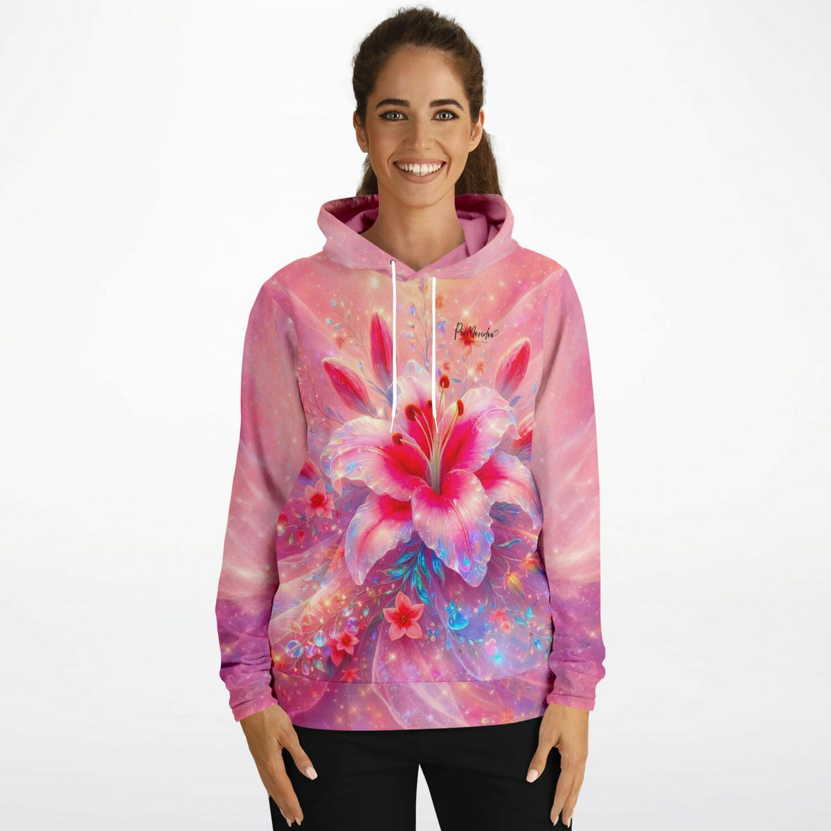 Frau trägt einen Dreamer Hoodie mit rosa Lilien-Print, passend zum künstlerischen Design von Diamond Painting Motiven.