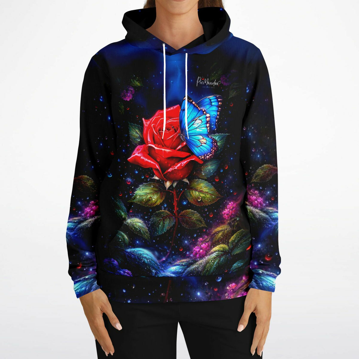 Dreamer Hoodie mit leuchtender roter Rose und blauem Schmetterling im künstlerischen Design für Kunst-Fans