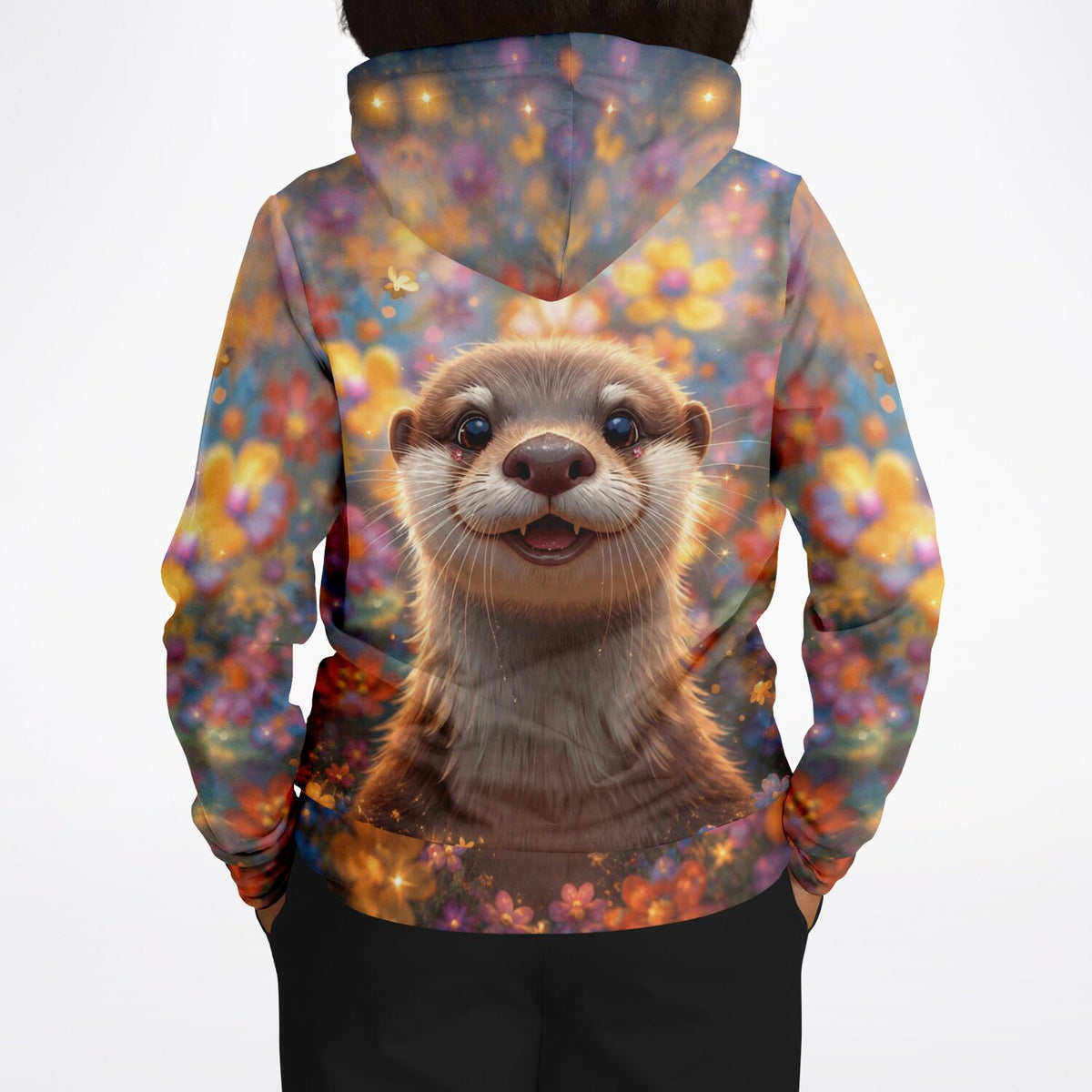 Dreamer Hoodie mit niedlichem Otter-Motiv und bunten Blumen im AOP-Design, perfekt für Fans von Malen nach Zahlen Kunst.