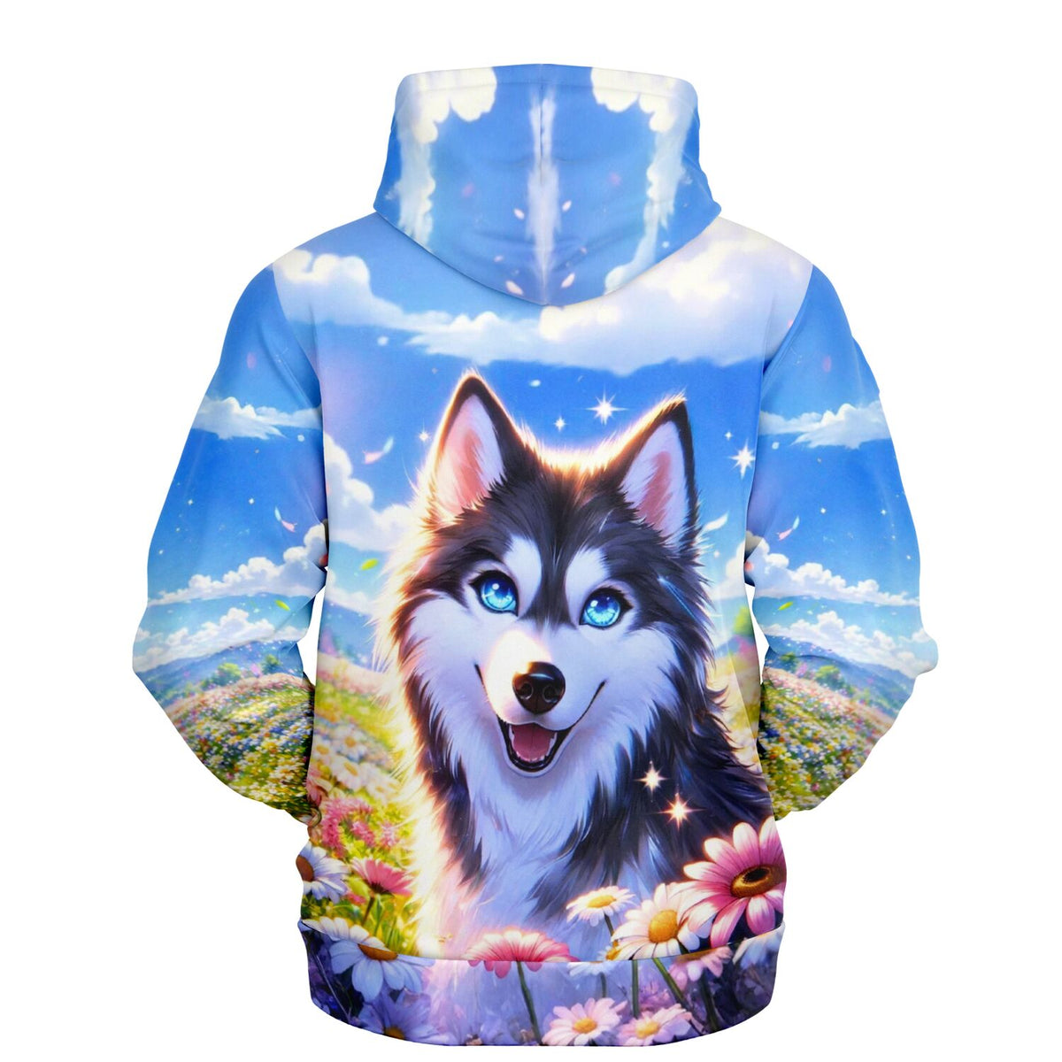 Dreamer Hoodie Sommerblick mit Husky-Motiv in bunter Blumenwiese, ideal für Fans von Diamond Painting und DIY-Art
