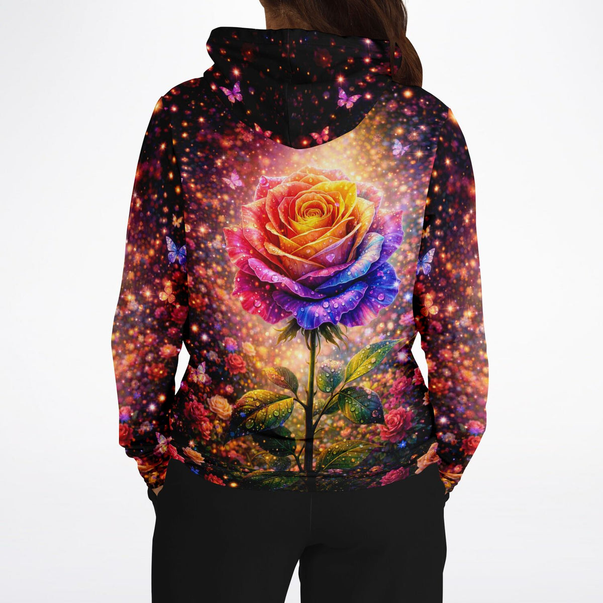 Dreamer Hoodie Elythra mit farbenprächtigem Rosen Motiv, ideal für Fans von Diamond Painting und Malen nach Zahlen.