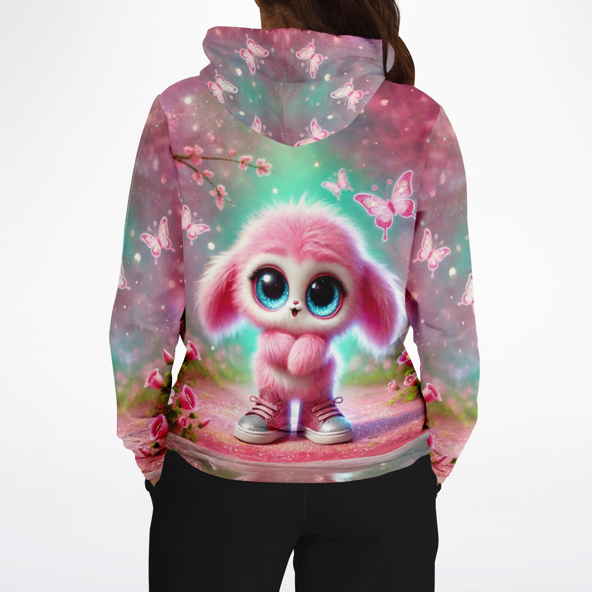 Pinker Dreamer Hoodie mit flauschigem Wesen, Schmetterlingen und floralem Design für Fans von Diamond Painting Motiven