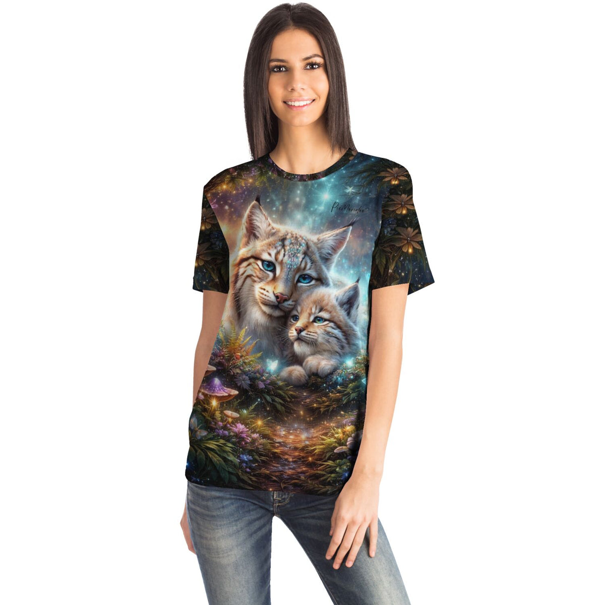 Frau trägt T-Shirt mit zwei Luchsen, Motiv inspiriert von unseren Diamond Painting und Malen nach Zahlen Kunstwerken