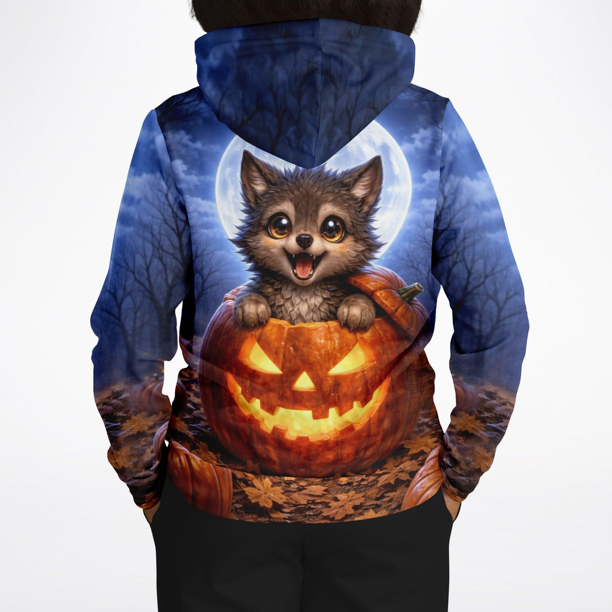 Dreamer Hoodie mit niedlichem Mondwolf-Motiv im Kürbis vor Vollmond-Hintergrund für Fans von Malen nach Zahlen Designs