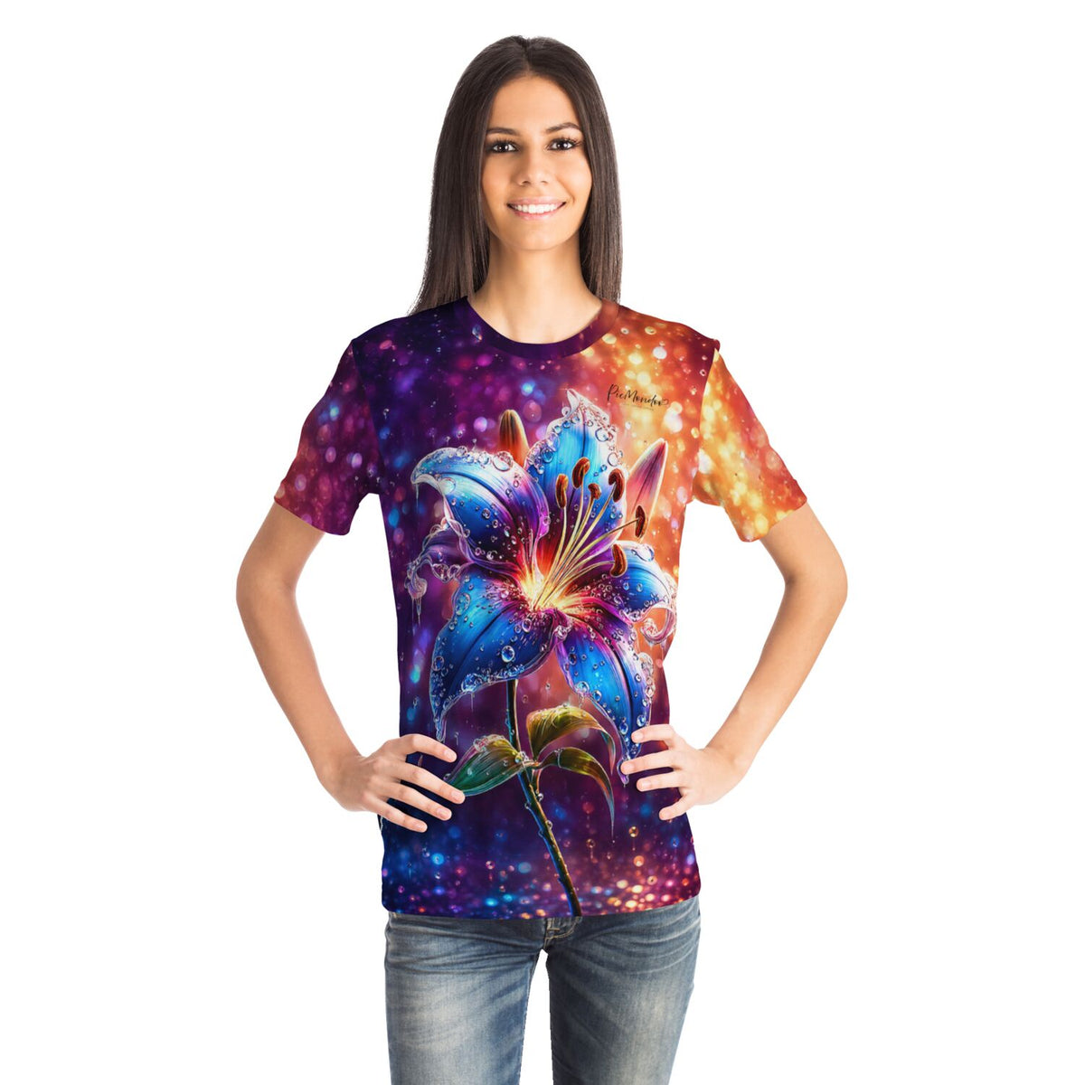 Dreamer T-Shirt mit leuchtendem Lilien-Motiv im Stil von Diamond Painting, perfekt für Kunstliebhaber.