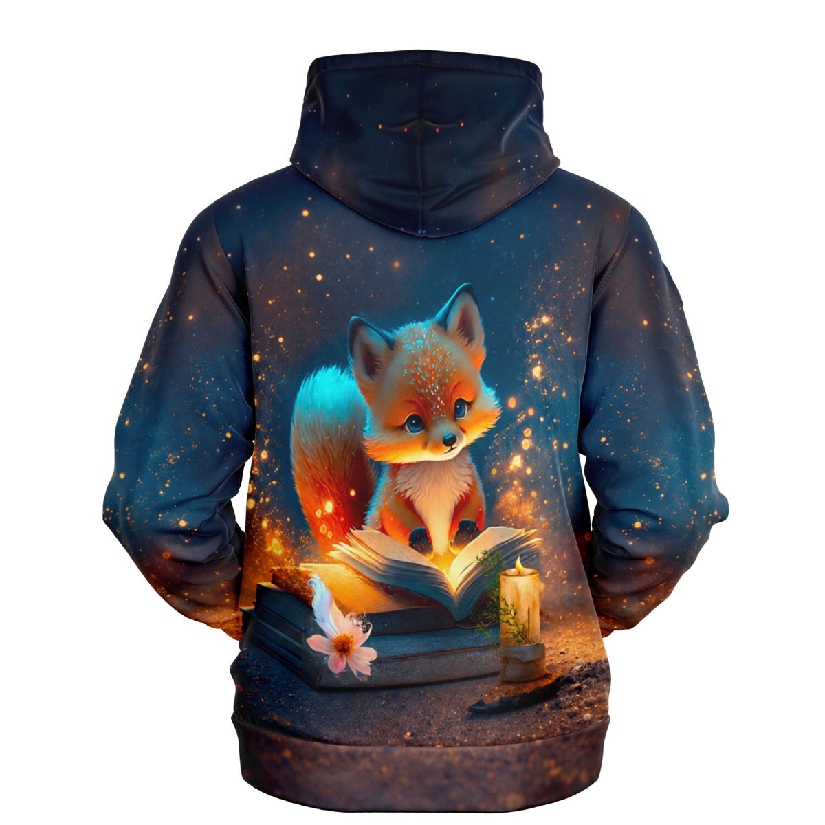 Dreamer Hoodie mit niedlichem Fuchs, der in einem leuchtenden Buch liest, im magischen Wald Design