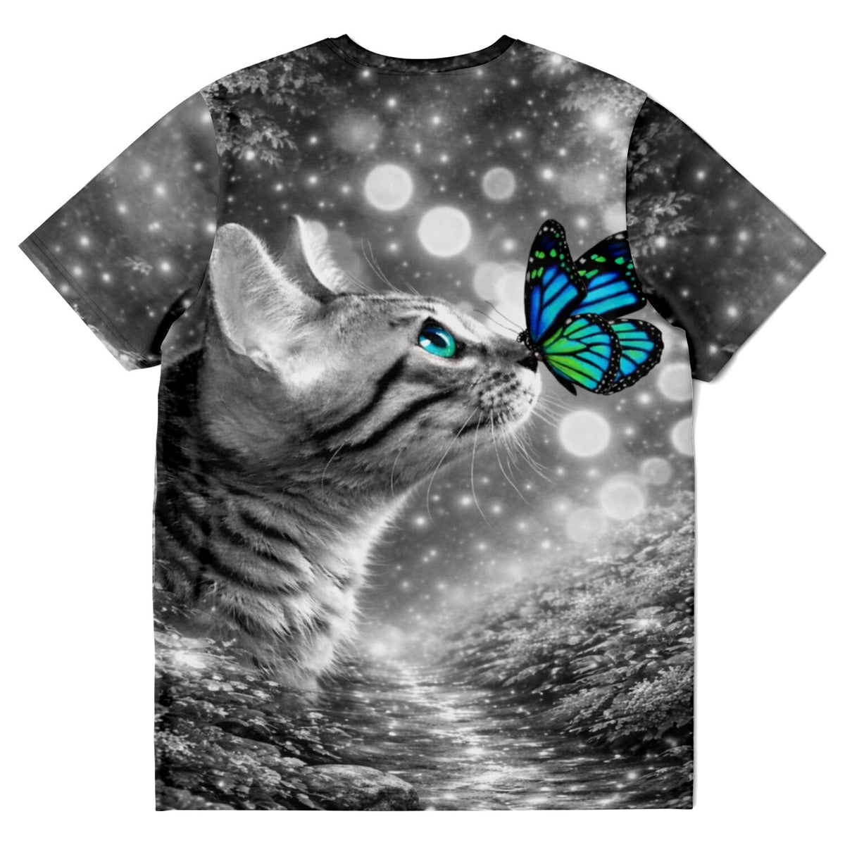 T-Shirt mit Katzen-Motiv und blauem Schmetterling, inspiriert von Designs für Diamond Painting und Malen nach Zahlen