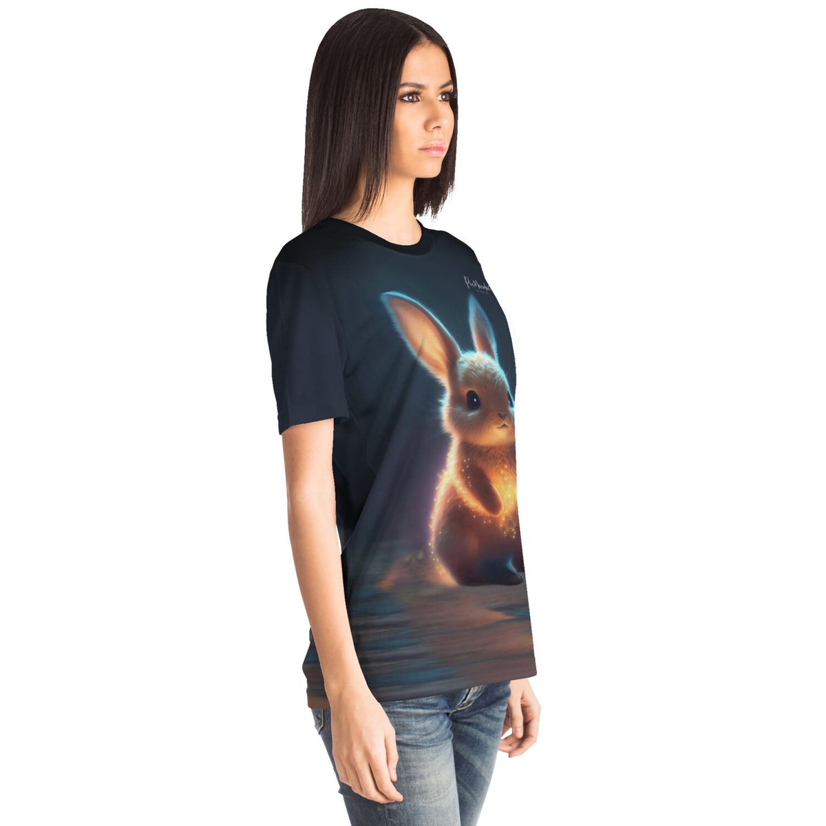 Schwarzes T-Shirt mit leuchtendem Funkelhäschen-Motiv im Stil von Diamond Painting und Malen nach Zahlen Kunst