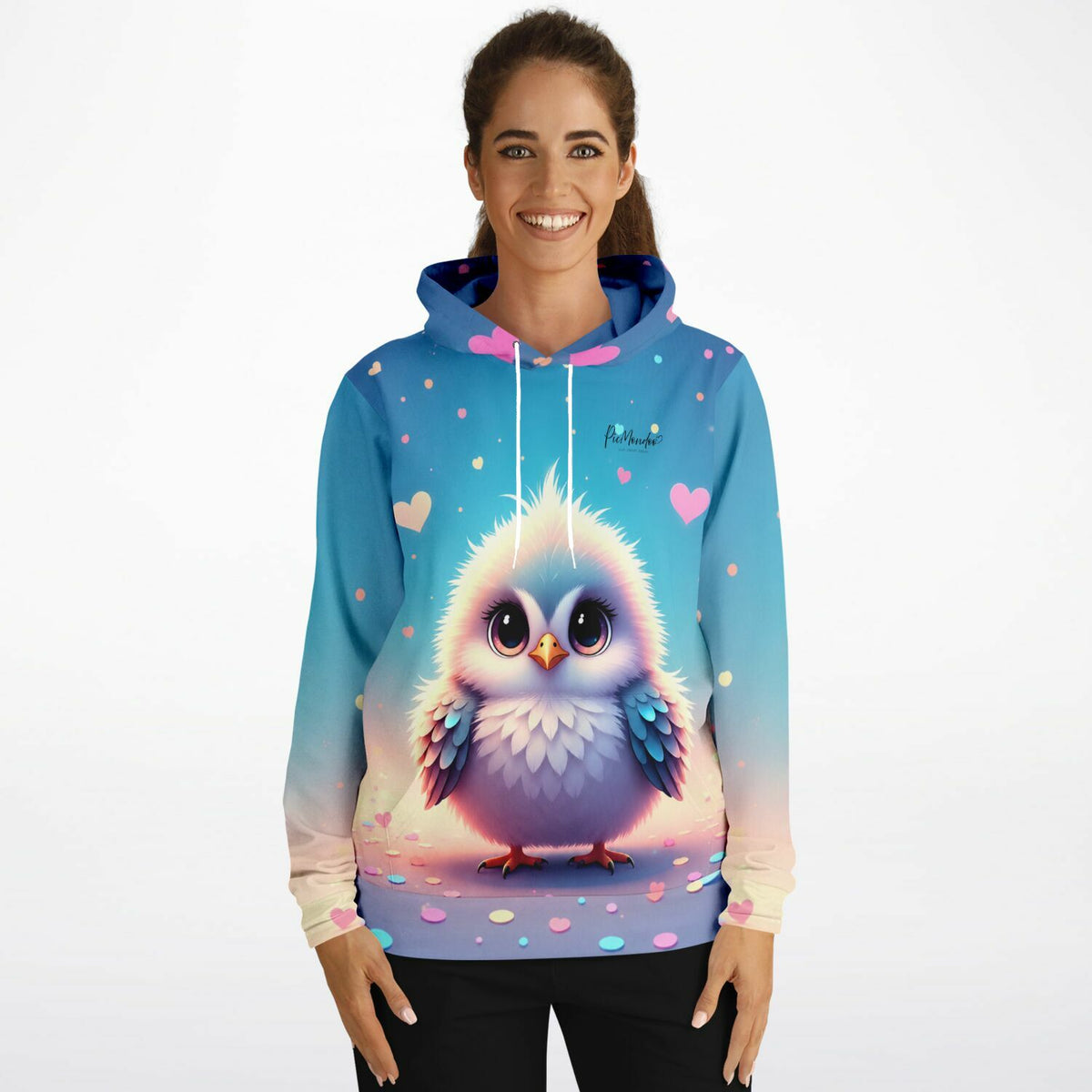Frau trägt den Dreamer Hoodie mit süßem Eulen-Motiv im Stil von Diamond Painting Kunst für kreative Fans