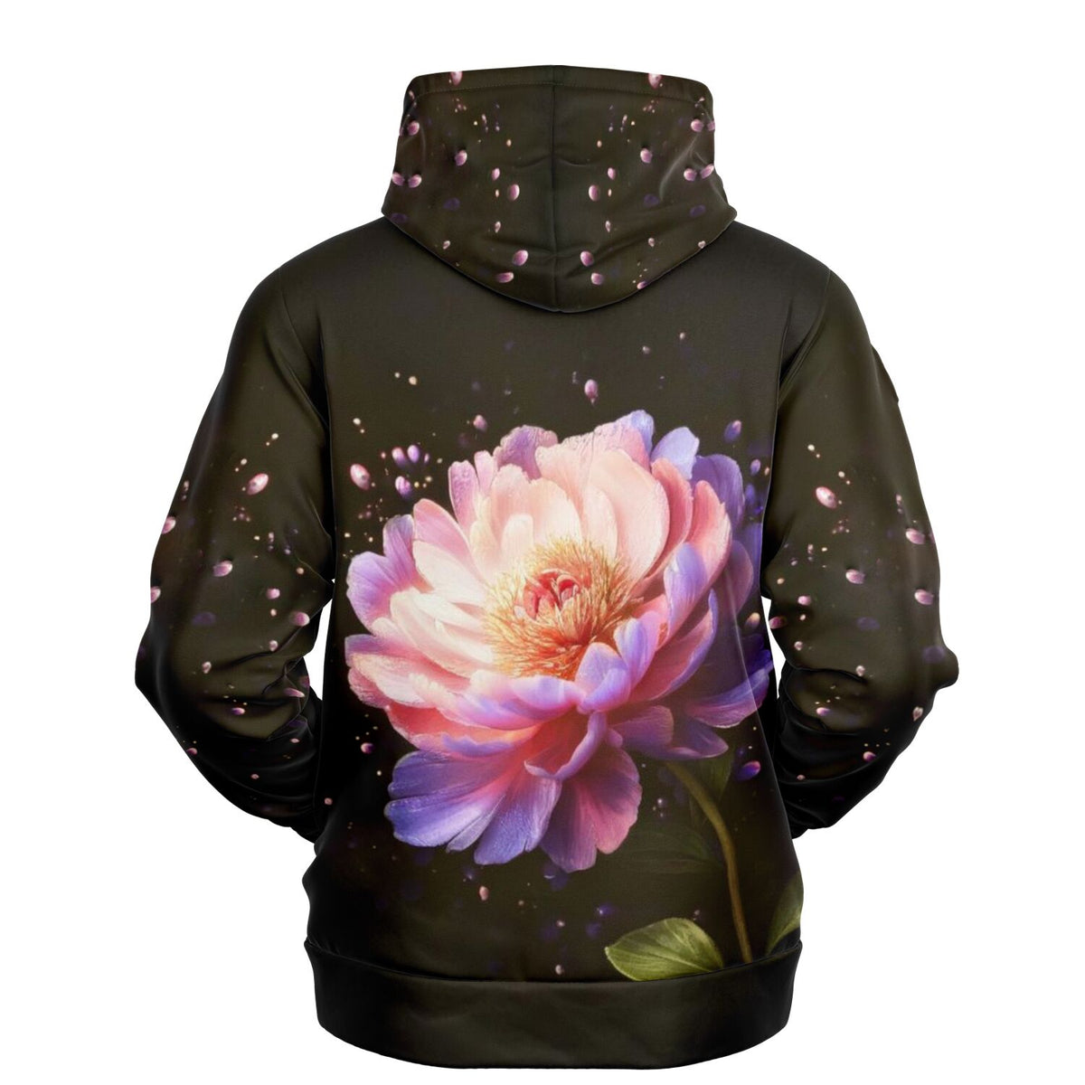 Schwarzer Dreamer Hoodie mit auffälligem, buntem Pfingstrosen-Motiv. Design ähnlich wie Diamond Painting Kunst.