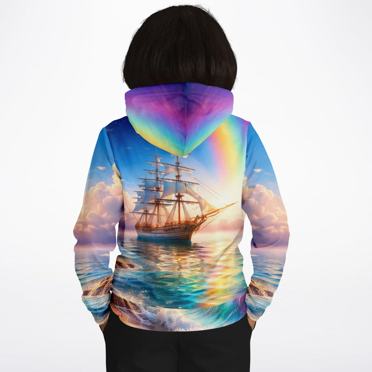 Hoodie mit Motiv: Segelschiff auf dem Ozean bei Regenbogen-Sonnenuntergang für Fans von Malen nach Zahlen Kunst