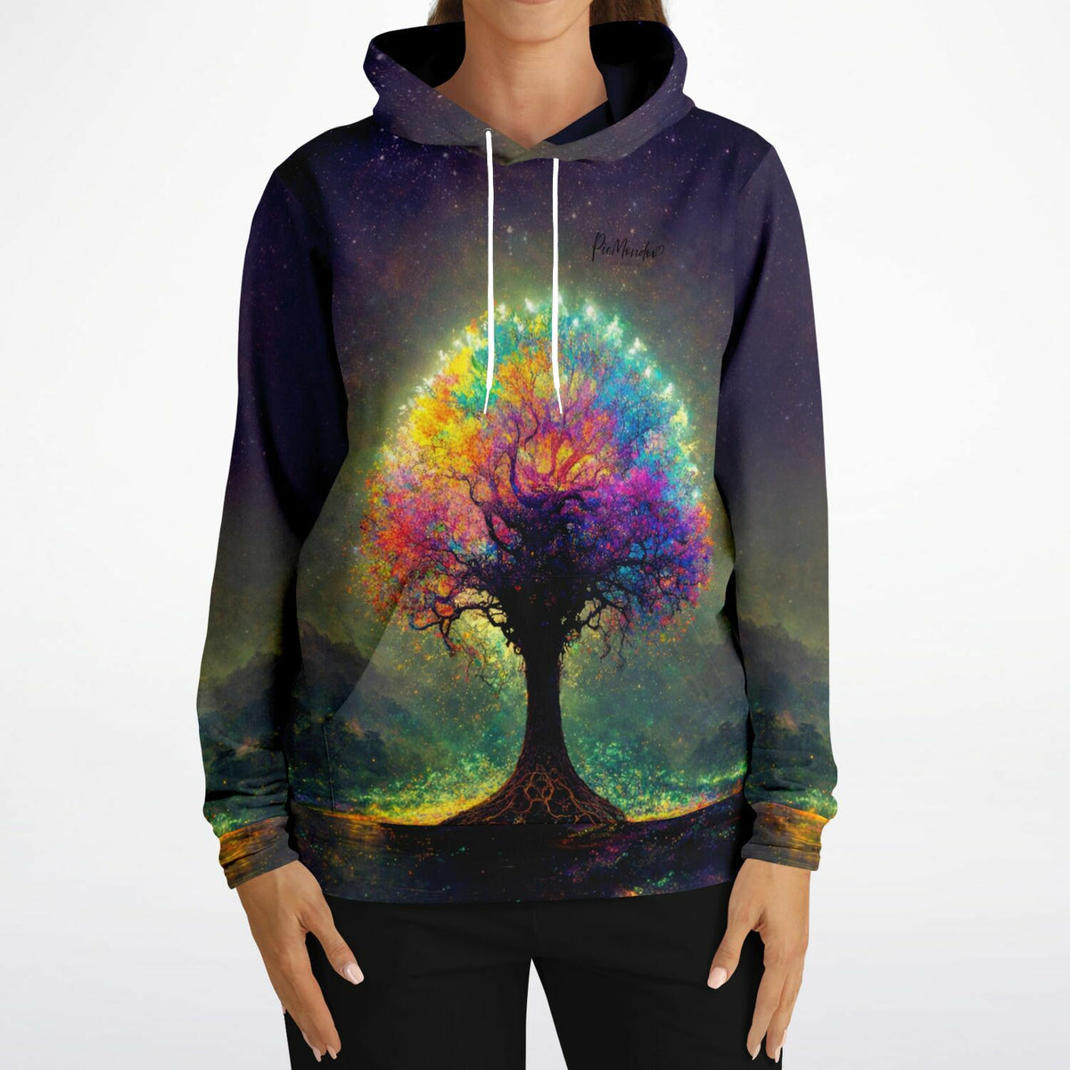 Dreamer Hoodie mit buntem leuchtendem Lebensbaum Motiv, AOP-Design inspiriert von Diamond Painting und Kunststilen.