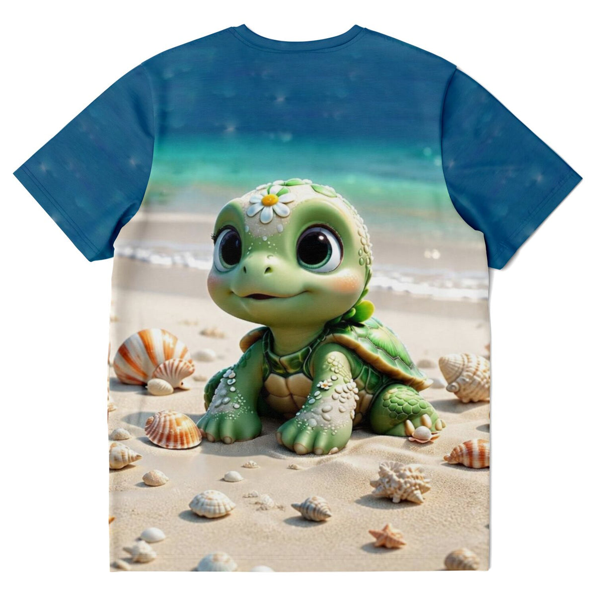 Blaues T-Shirt mit süßer Schildkröte am Strand, beliebtes Motiv für Diamond Painting und Malen nach Zahlen Fans