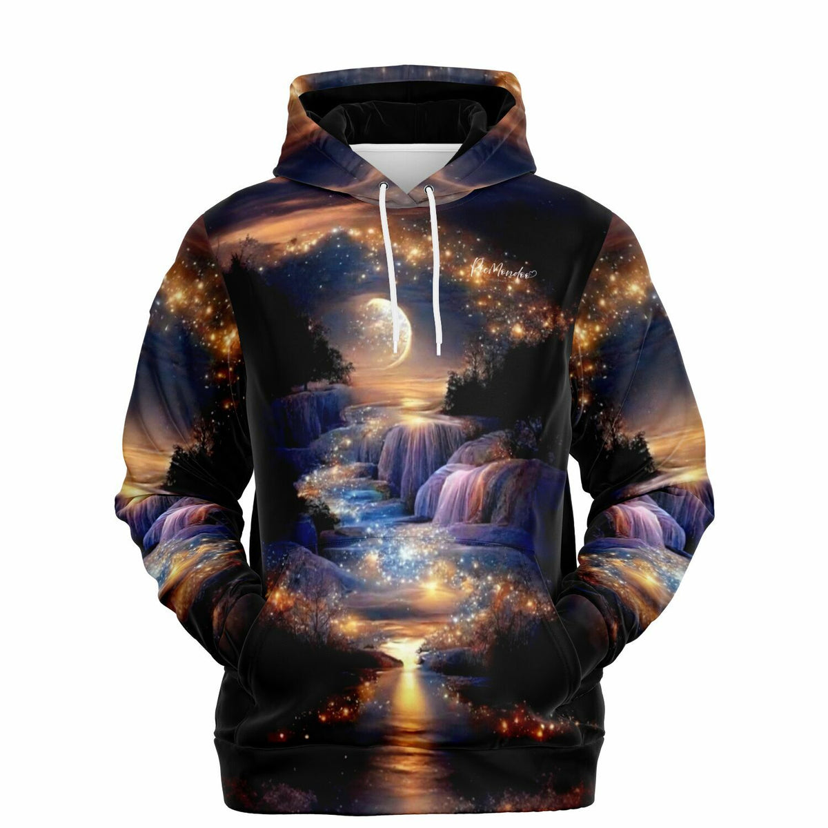 Dreamer Hoodie mit magischem Landschaftsmotiv, das an brillante Diamanten Painting Kunstwerke erinnert.