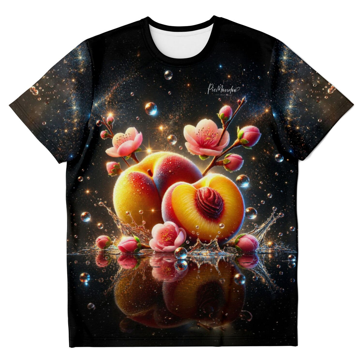 Schwarzes Dreamer T-Shirt mit Süße Fülle Motiv, Pfirsiche und Kirschblüten im Wasser-Design für kreative Geister