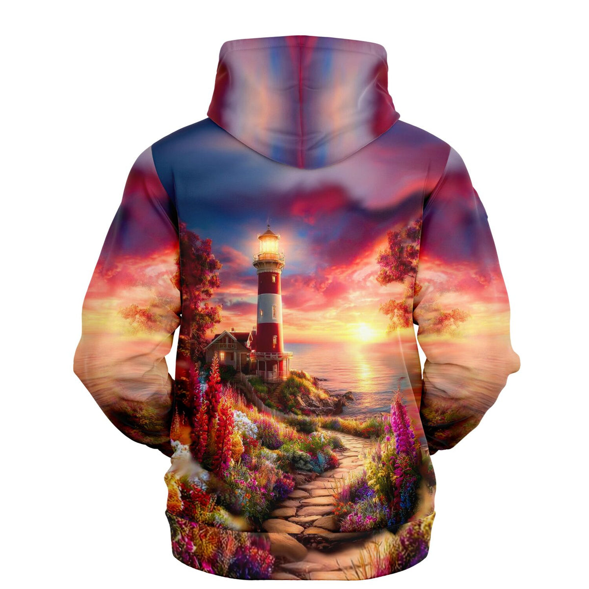 Dreamer Hoodie mit Leuchtturm Motiv im Stil von Diamond Painting Kunstwerken und farbenfrohem Sonnenuntergang