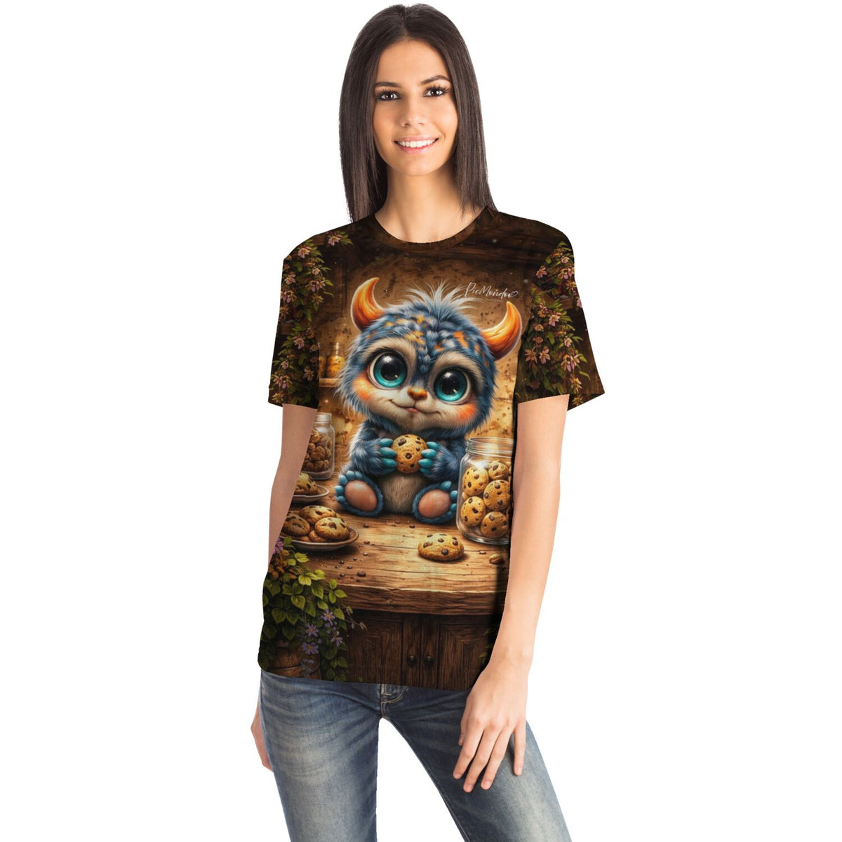 Frau trägt Dreamer T-Shirt mit süßem Monster-Motiv, inspiriert durch Diamond Painting und Malen nach Zahlen Designs