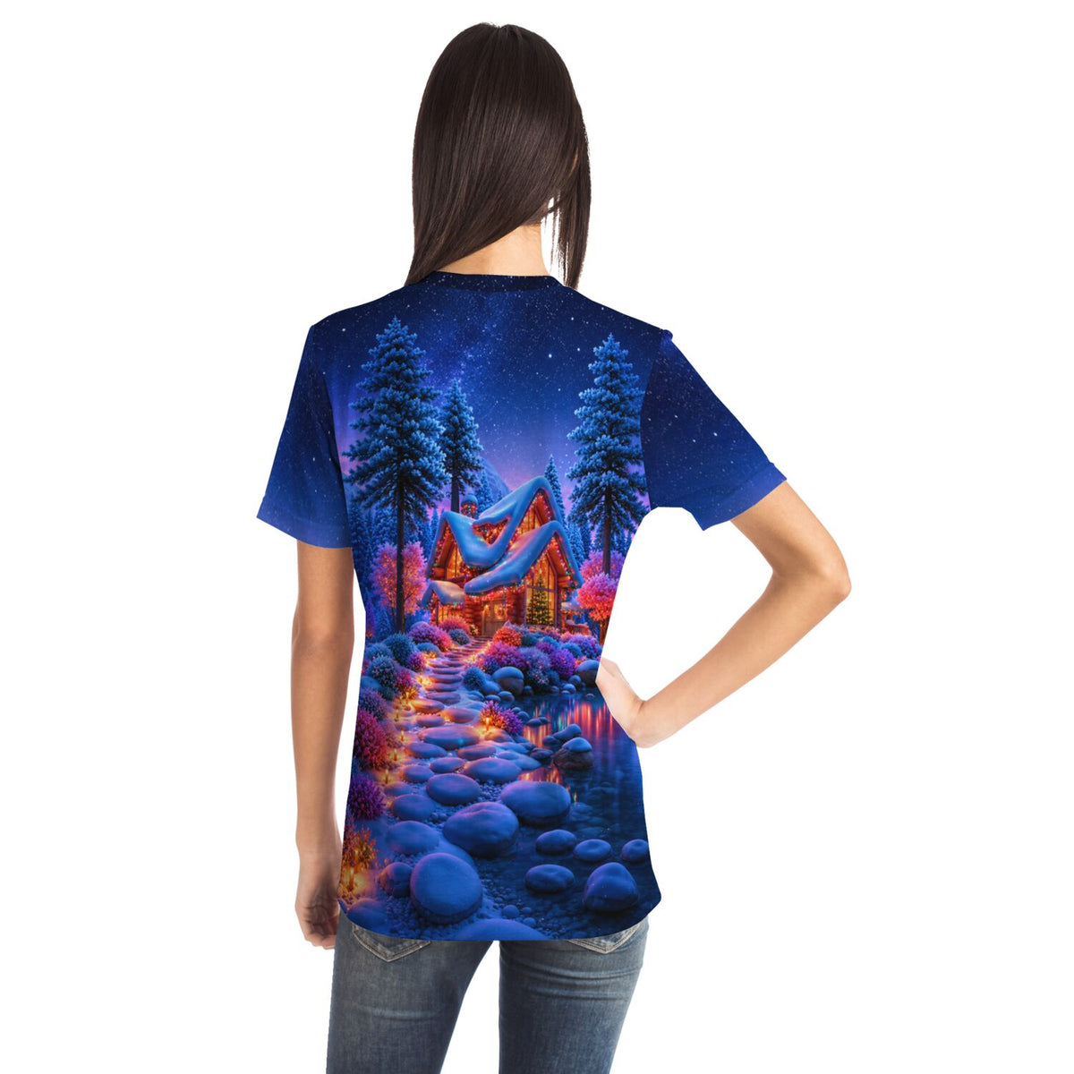 T-Shirt mit weihnachtlichem Lichterwald-Motiv, inspiriert von Diamond Painting und Malen nach Zahlen Kunstwerken