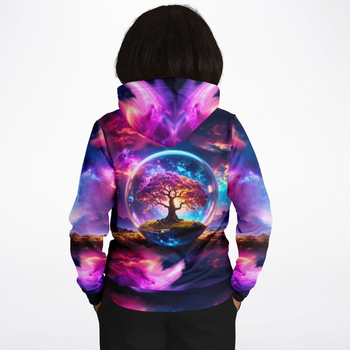 Dreamer Hoodie Arbor Eternis mit mystischem Lebensbaum in Glaskugel, AOP Design mit lebendigen Galaxy-Farben