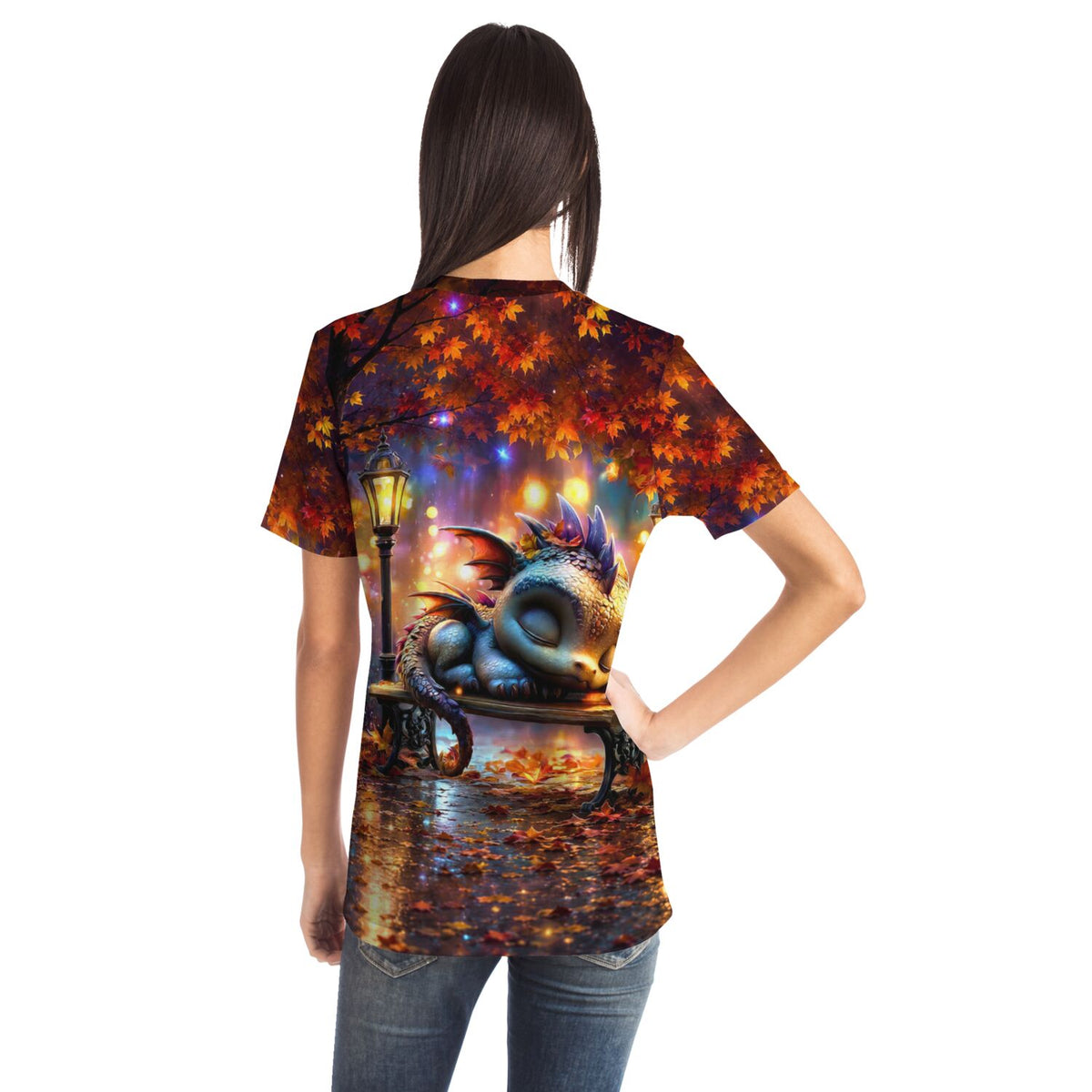 T-Shirt mit schlafendem Drachen Motiv im Stil von Diamond Painting und Malen nach Zahlen Kunstwerken, herbstliche Szene