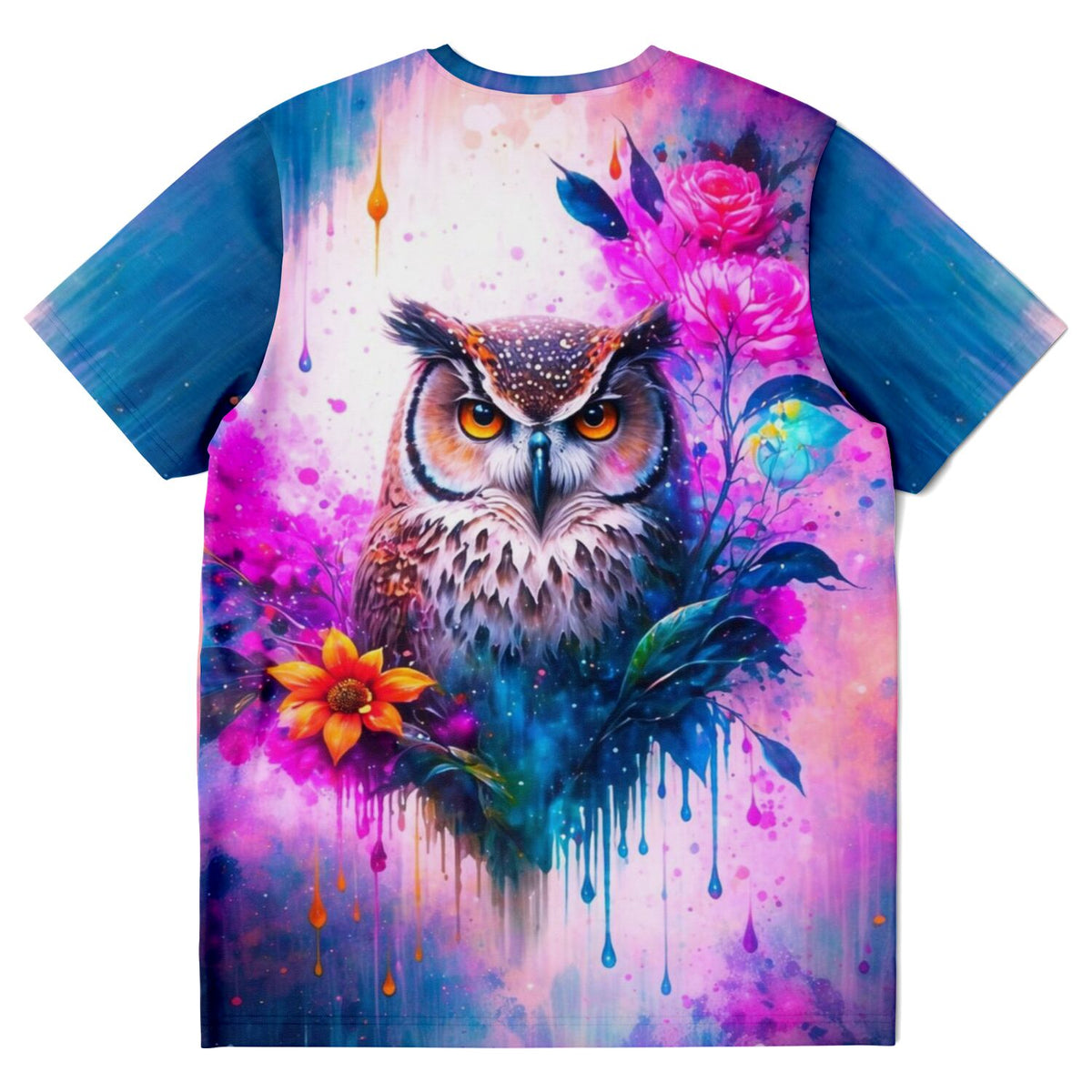 T-Shirt mit buntem Eulen-Motiv im Aquarell-Stil, inspiriert von Diamond Painting und Malen nach Zahlen Designs.
