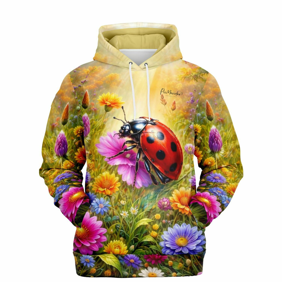 Dreamer Hoodie mit Marienkäfer Motiv in bunten Blumenwiese als künstlerisches Design für Kunstliebhaber