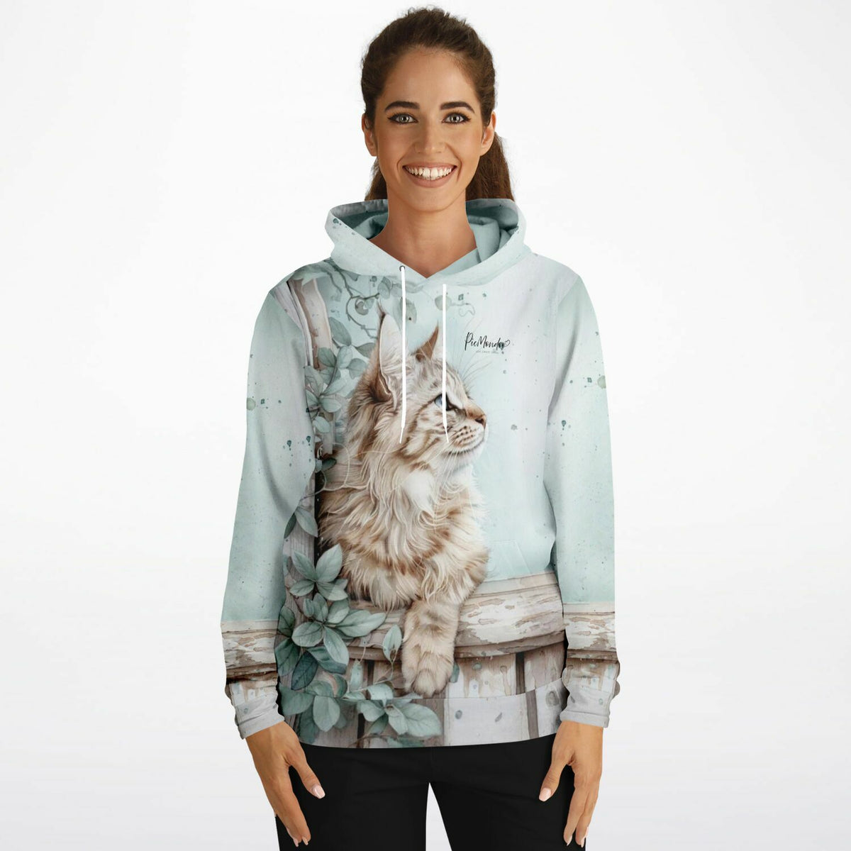 Frau trägt Dreamer Hoodie mit Kater Casimo Motiv im künstlerischen Diamond Painting Stil von Picmondoo