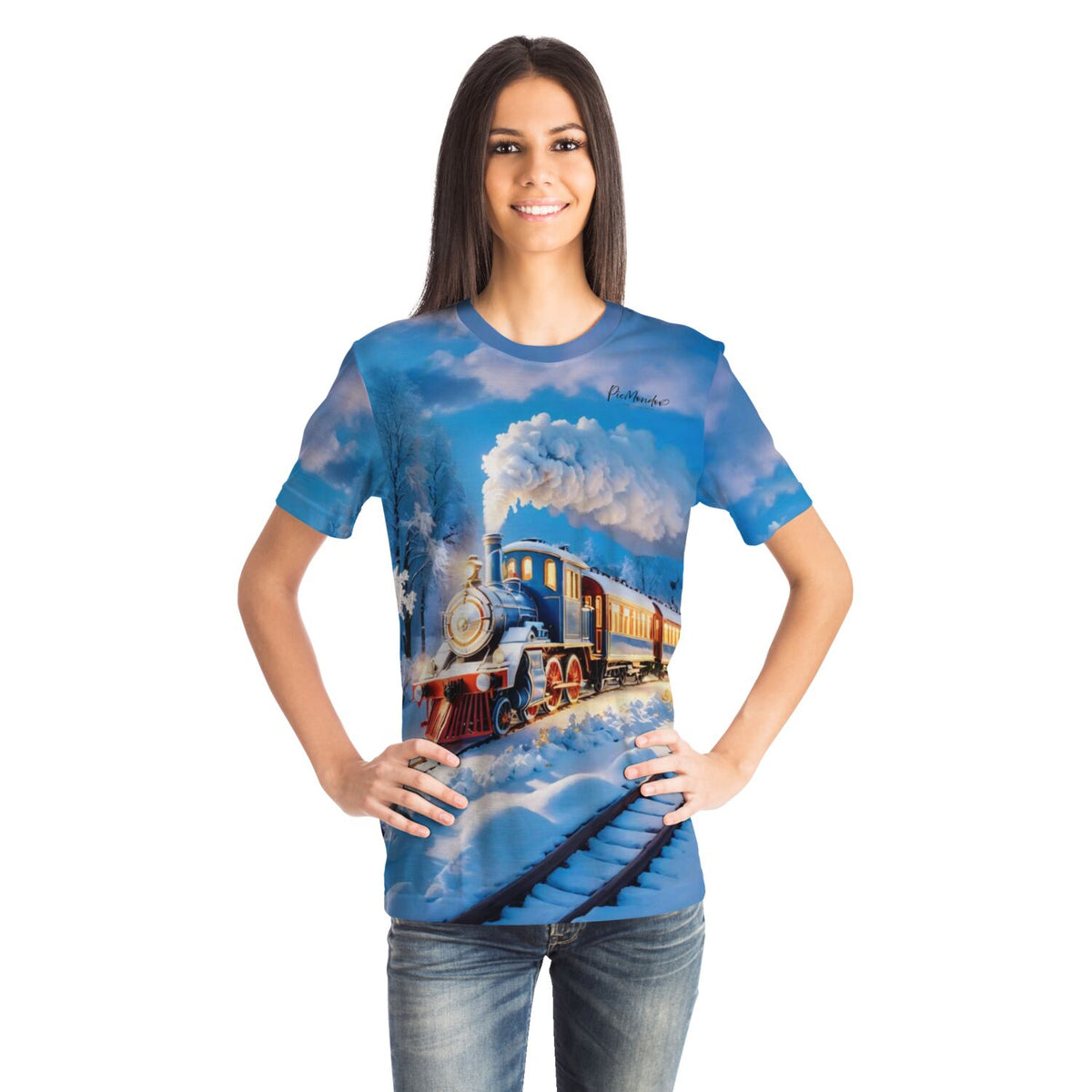 Frau trägt blaues T-Shirt mit Night Train Motiv, passend im Stil zu Diamond Painting und Malen nach Zahlen Designs.