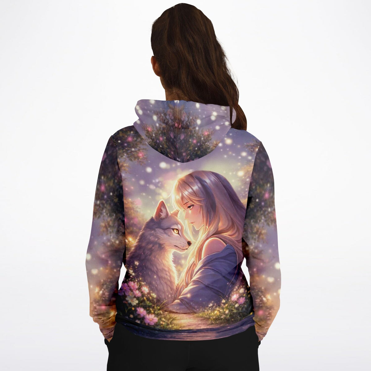 Dreamer Hoodie mit magischem Motiv: Mädchen und Wolf im Wald, ideal als Inspiration für Diamond Painting und Kunst
