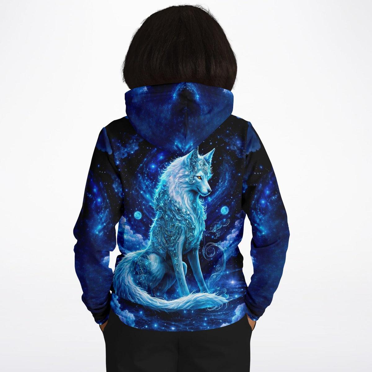Hoodie mit verzaubertem Wolf Motiv in blauem Weltraum-Design, inspiriert von Diamond Painting und Malen nach Zahlen Kunst