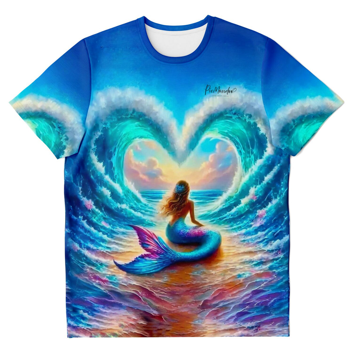 T-Shirt mit Meerjungfrau-Motiv, inspiriert von Diamond Painting Kunst mit herzförmigen Wellen und leuchtenden Farben.