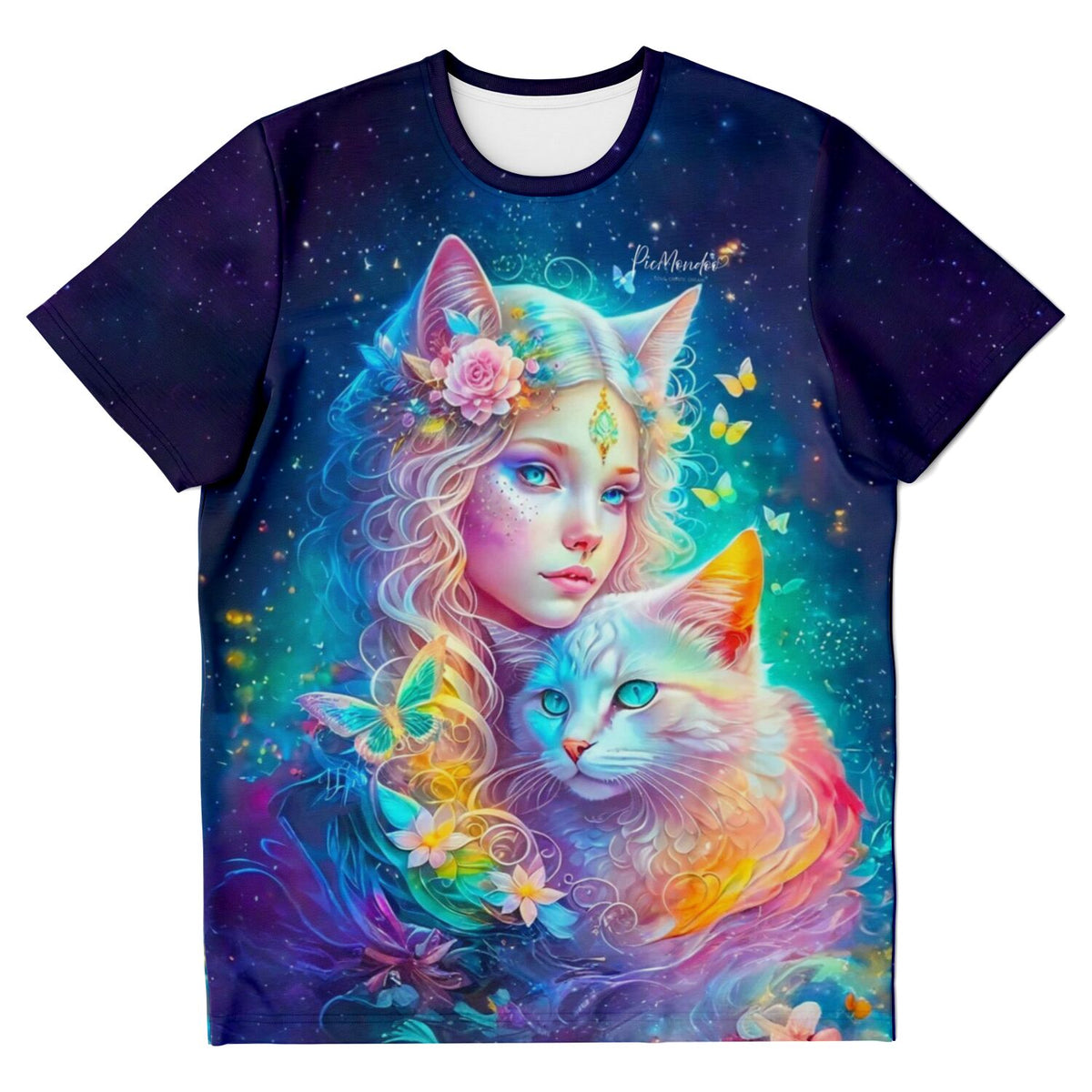 Dreamer T-Shirt mit Katzenelfe Motiv im farbenfrohen Fantasy-Stil, inspiriert von Diamond Painting Kunstdesigns und Farben.