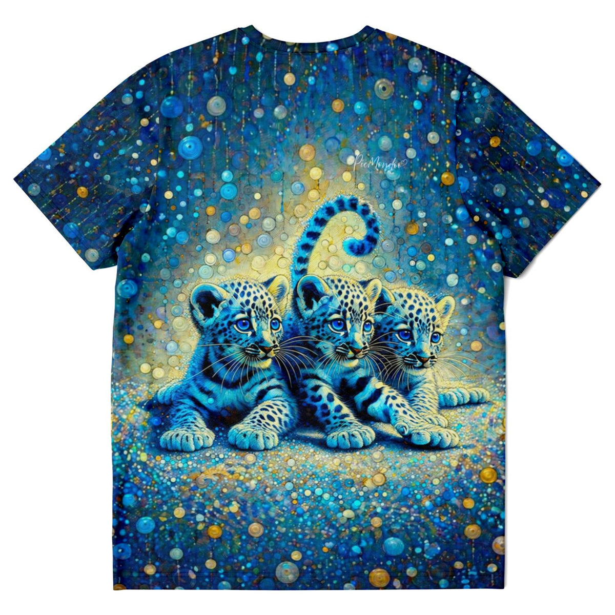 T-Shirt mit Leopardenbabys Motiv im Stil von Diamond Painting, leuchtende blaue Farben mit funkelnden Lichteffekten
