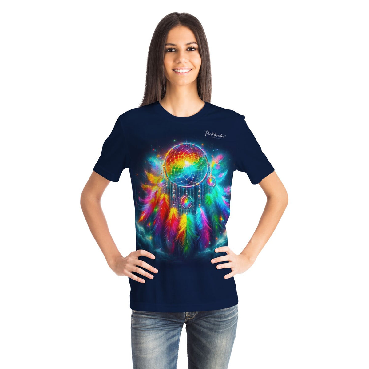 Dunkelblaues T-Shirt mit buntem Traumfänger-Motiv, inspiriert von Diamond Painting und Malen nach Zahlen Designs.