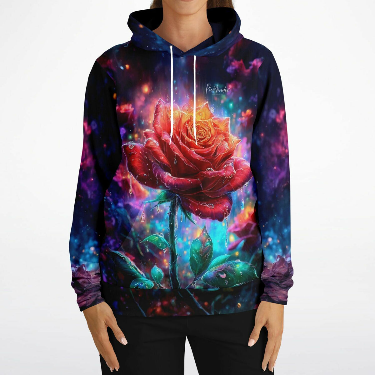 Dreamer Hoodie Regentanz mit leuchtender Rose und farbenfrohem Galaxy-Effekt, passend zu Diamond Painting Design