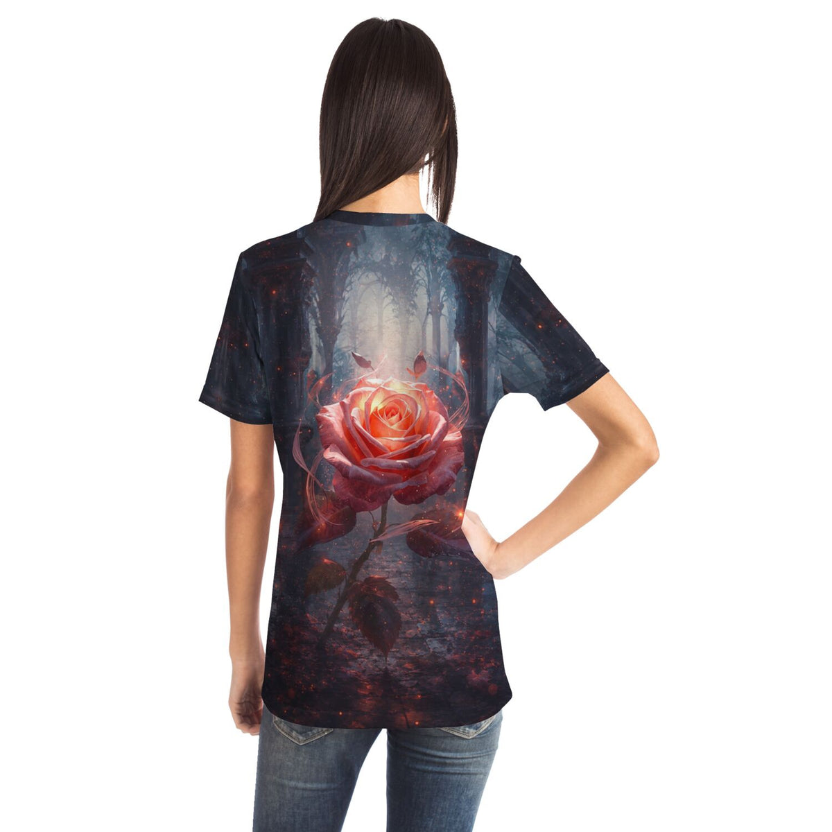 Frau trägt T-Shirt mit Herzflamme Rosenmotiv, ideal wie Diamond Painting oder Malen nach Zahlen für Erwachsene